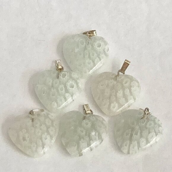 White Murano Glass Heart Necklace Millefiori Flowers Vintage Black Cord 18" - Picture 6 of 8